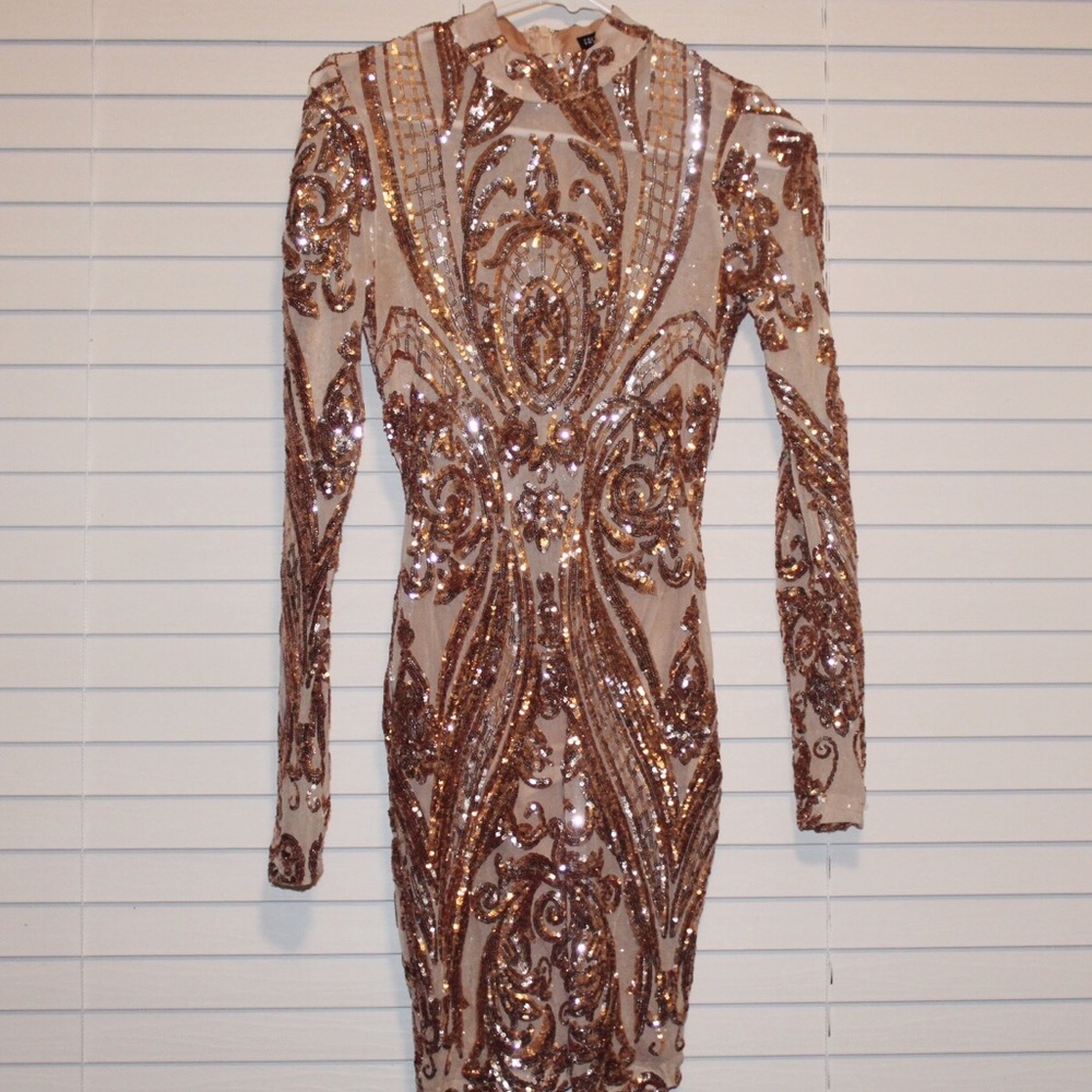 Fashion Nova Gold Sequin Pattern Mini Dress